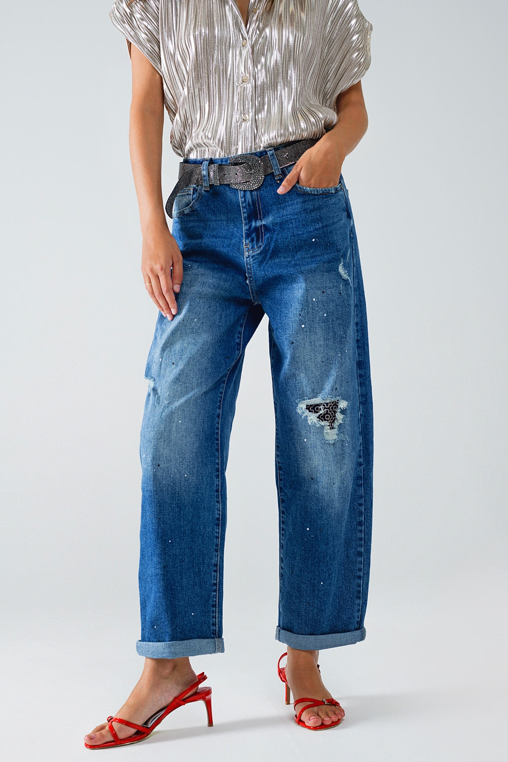 Straight Distressed Jeans With Paint Stains Details