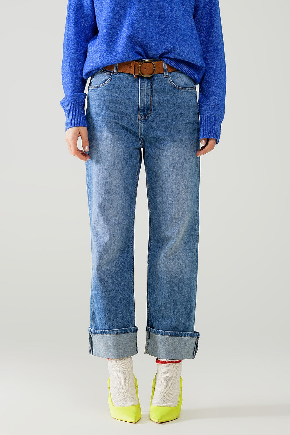 Q2 straight fit cuffed jeans with mid wash