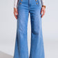 Q2 Straight Flared Jeans In Washed Blue With Button Detail