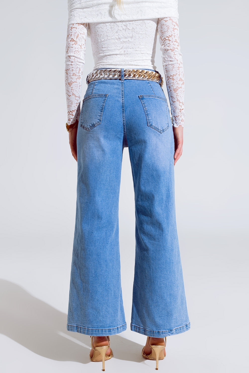 Straight Flared Jeans In Washed Blue With Button Detail