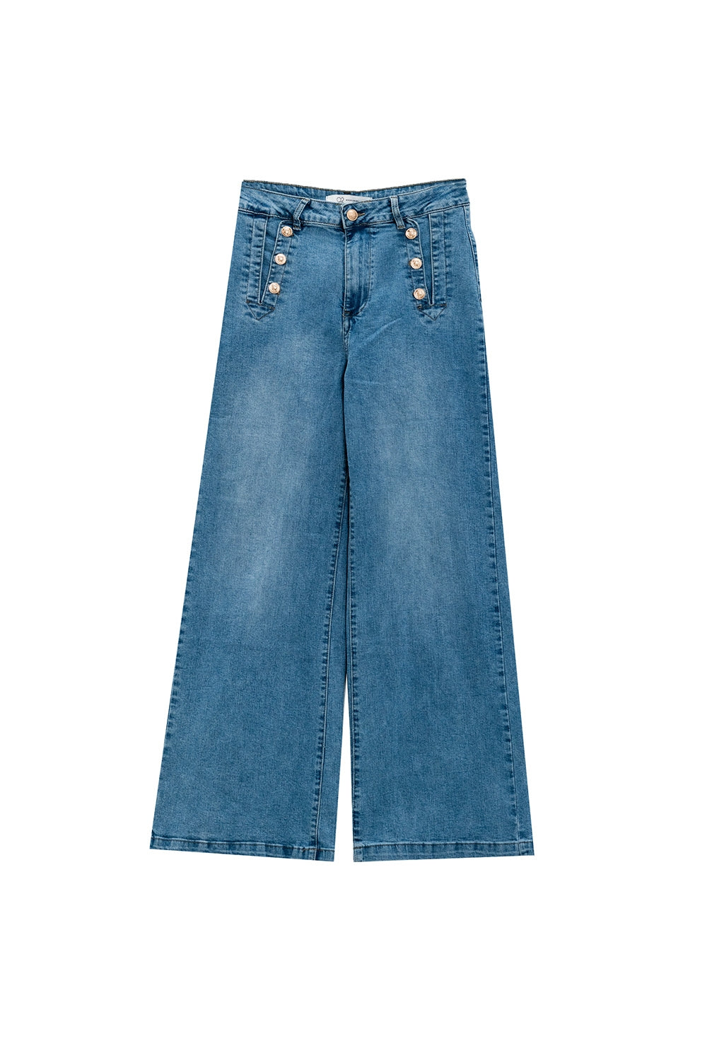 Straight Flared Jeans In Washed Blue With Button Detail