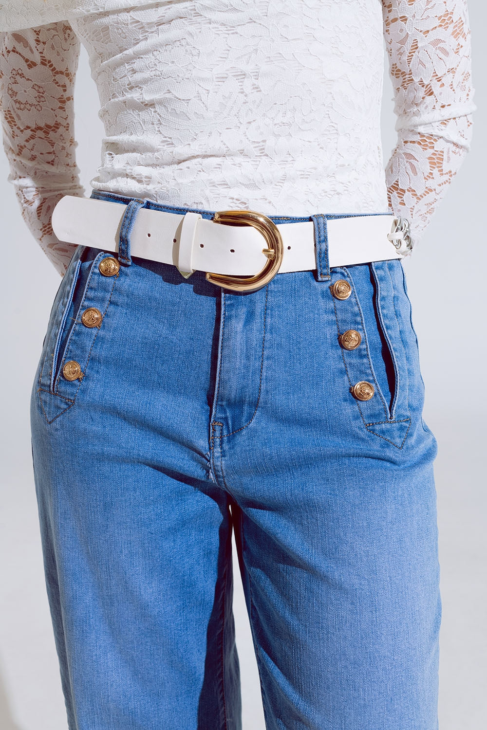 Straight Flared Jeans In Washed Blue With Button Detail