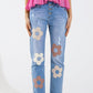 Q2 Straight Jeans With Button Closing and Flower Detail in Front