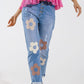 Straight Jeans With Button Closing and Flower Detail in Front