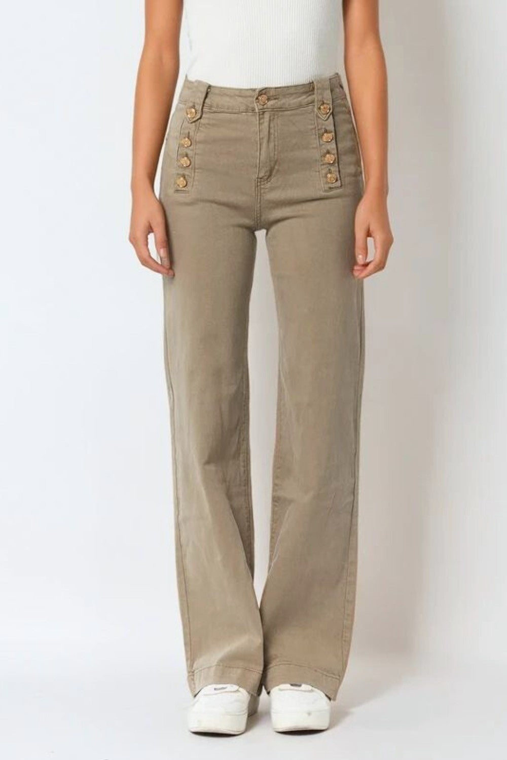 Q2 Straight Jeans With Gold Buttons At the Side in beige