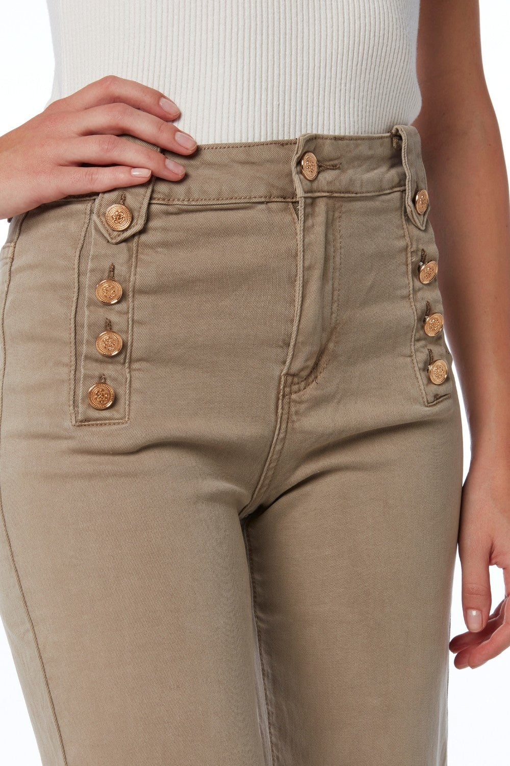 Straight Jeans With Gold Buttons At the Side in beige