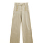 Straight Jeans With Gold Buttons At the Side in beige