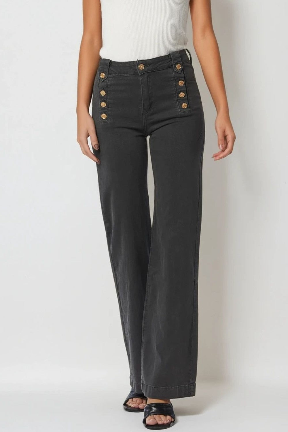 Q2 Straight Jeans With Gold Buttons At the Side in dark grey