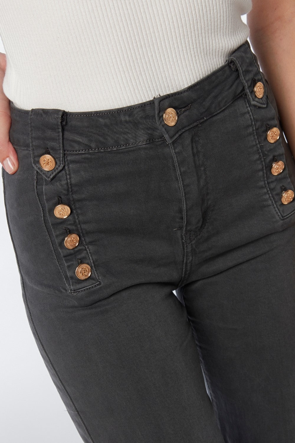 Straight Jeans With Gold Buttons At the Side in dark grey