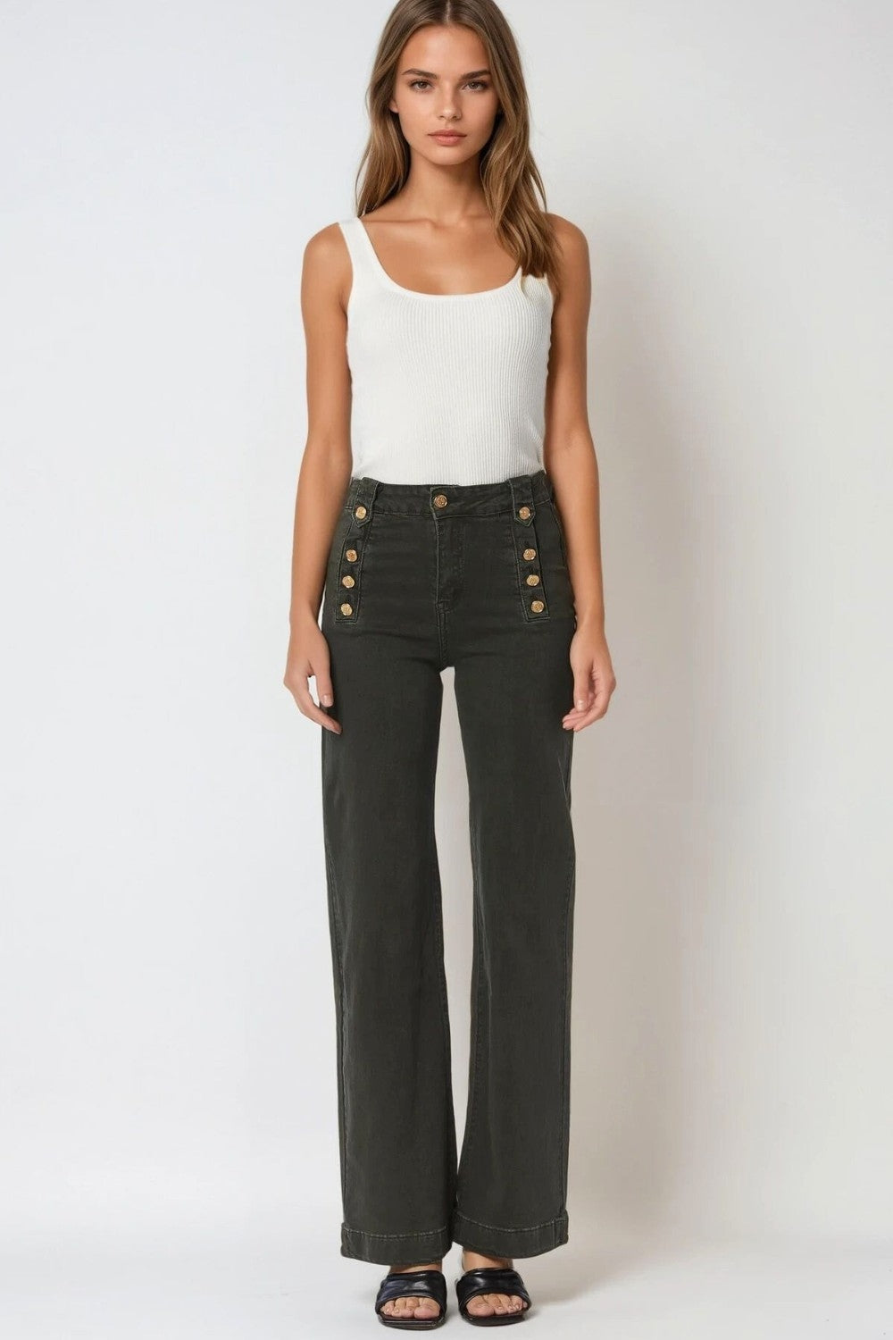 Straight Jeans With Gold Buttons At the Side in khaki