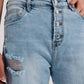 Straight leg distressed jeans with button detail in light blue