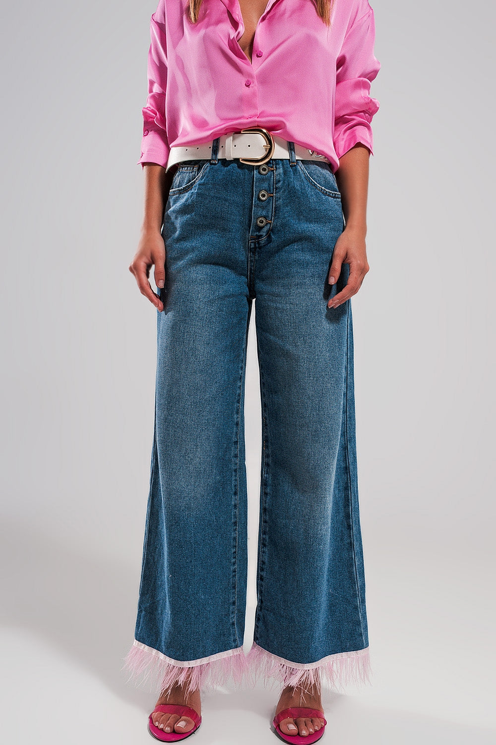 Straight leg jeans with PINK faux feather hem