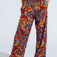 Q2 Straight Leg Pants With Floral Multicolor Print in Shades Of Red