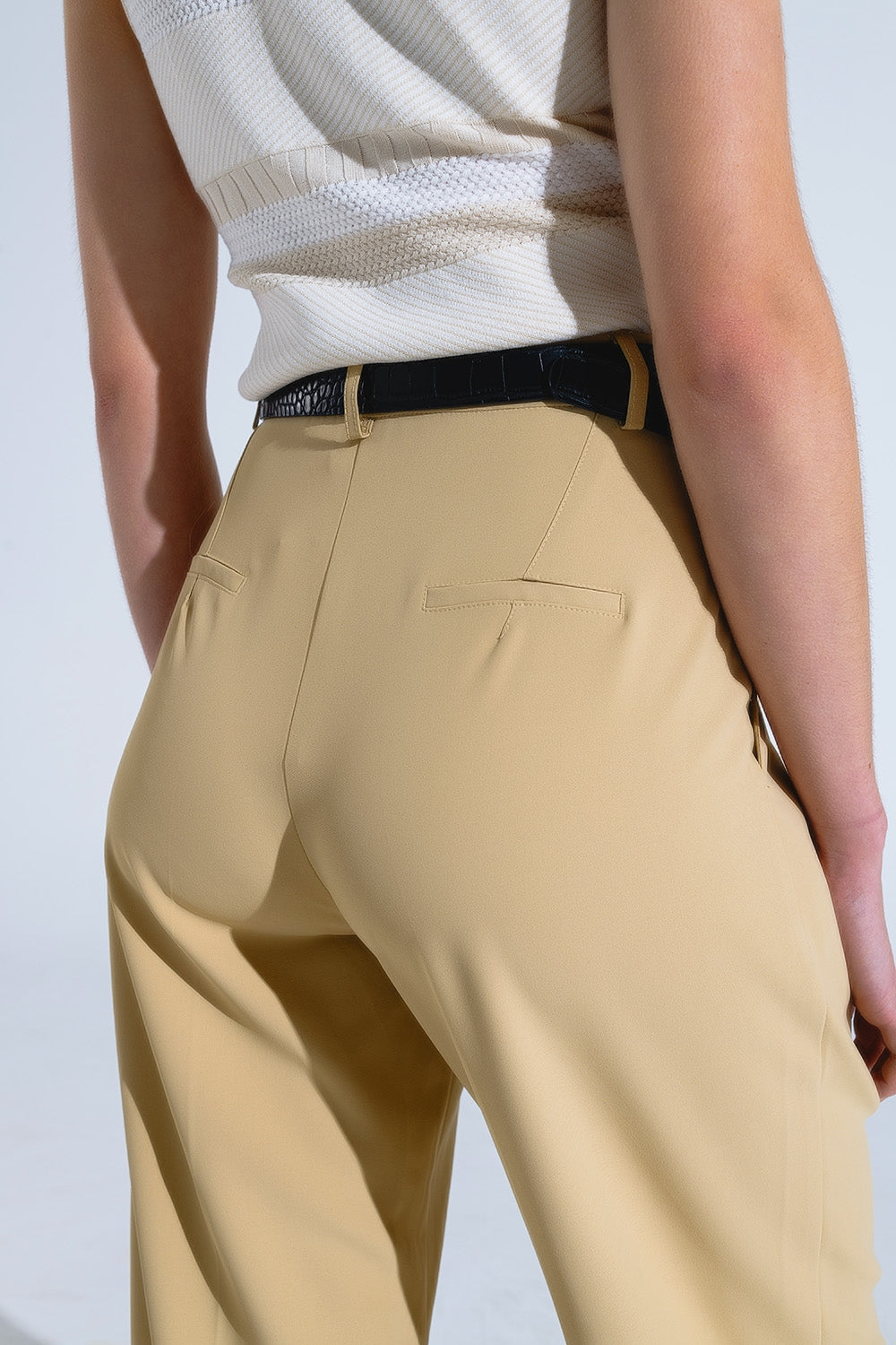 Straight Leg Trousers With Side Pockets and Darts in Beige