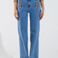 Q2 Straight Marine Style Jeans With Golden Buttons Details On The Side in Mid Blue