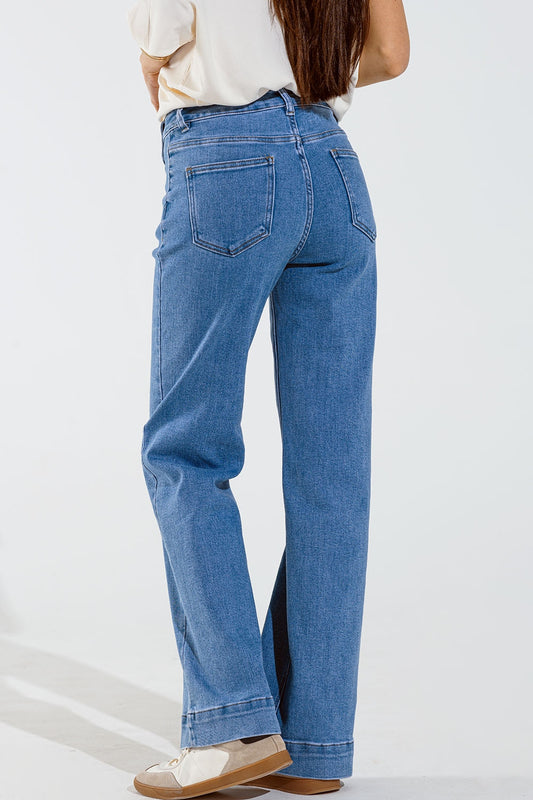 Straight Marine Style Jeans With Golden Buttons Details On The Side in Mid Blue