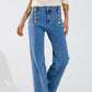 Straight Marine Style Jeans With Golden Buttons Details On The Side in Mid Blue