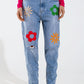 Q2 Straight Mom Jeans With Flower Detail In Washed Blue