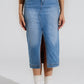 Q2 Stretch Denim Midi Skirt With Split Down The Front