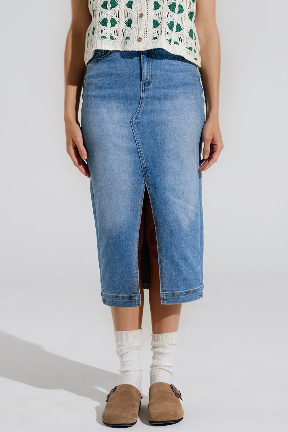 Q2 Stretch Denim Midi Skirt With Split Down The Front