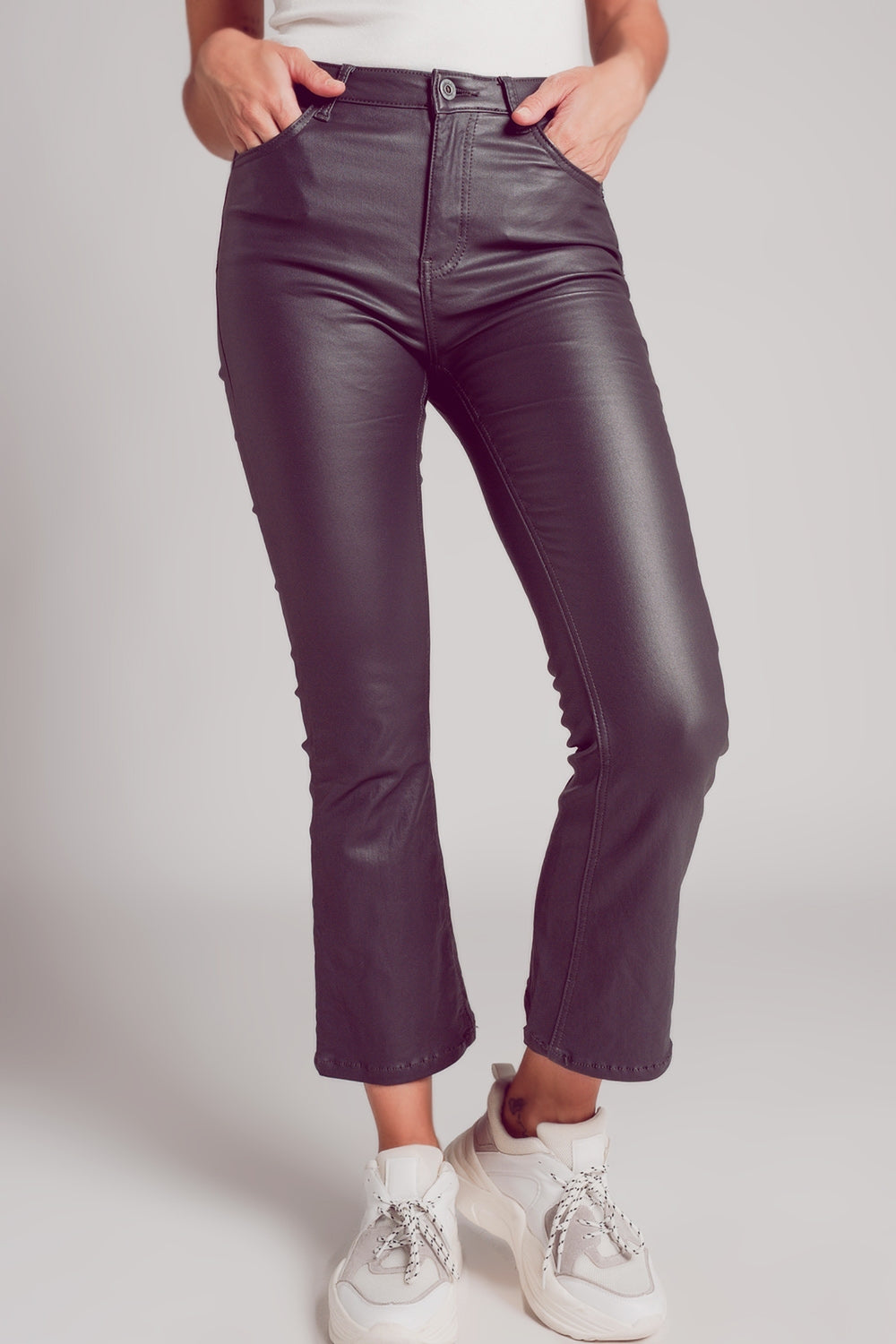 Q2 Stretch faux leather flare pants in grey