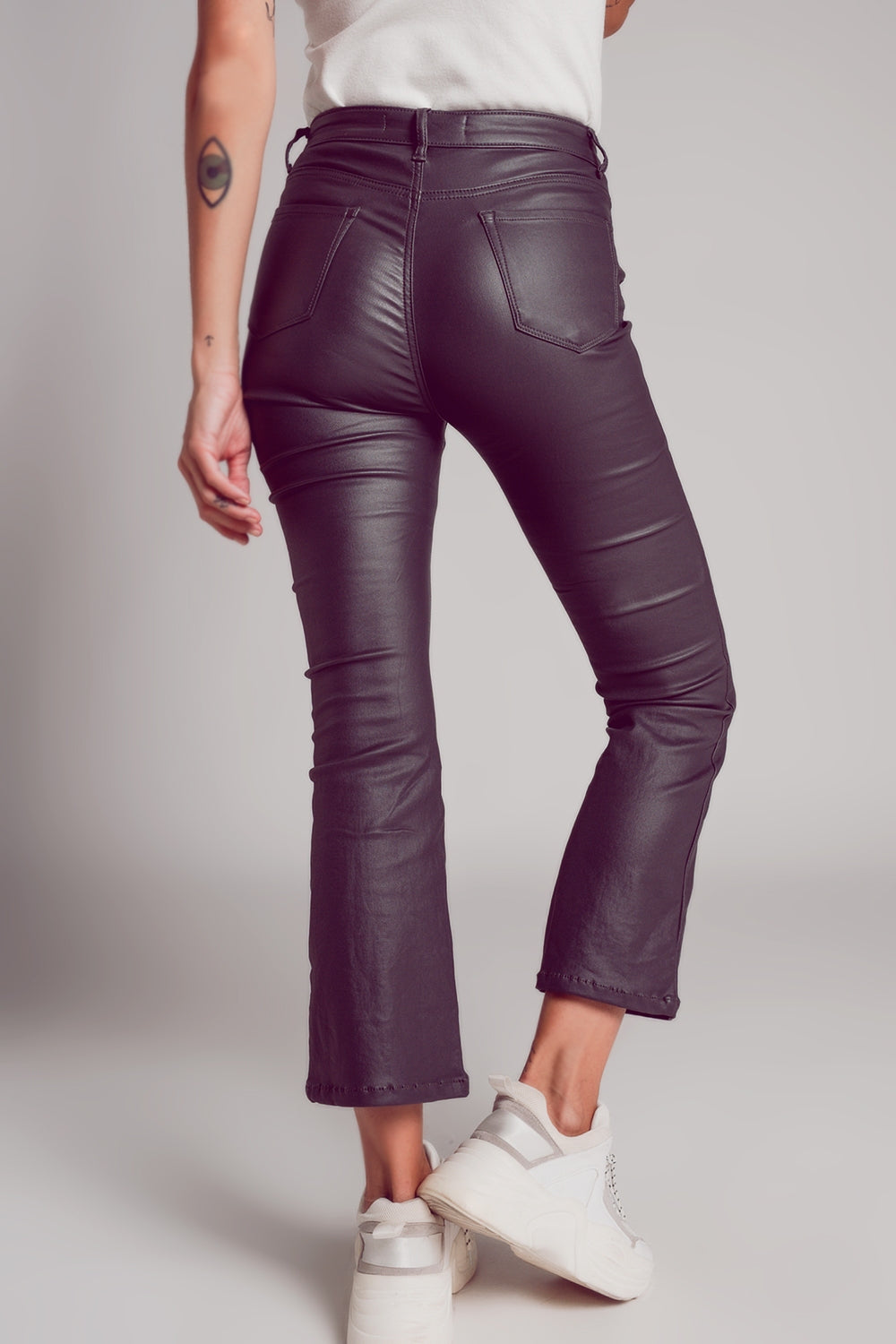 Stretch faux leather flare pants in grey