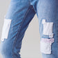 Stretch Skinny Jeans with Patches in Mid Wash and Belt Detail