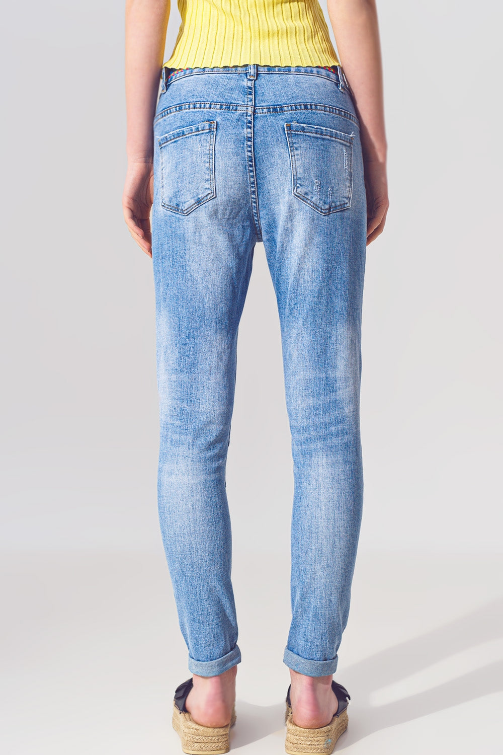 Stretch Skinny Jeans with Patches in Mid Wash and Belt Detail