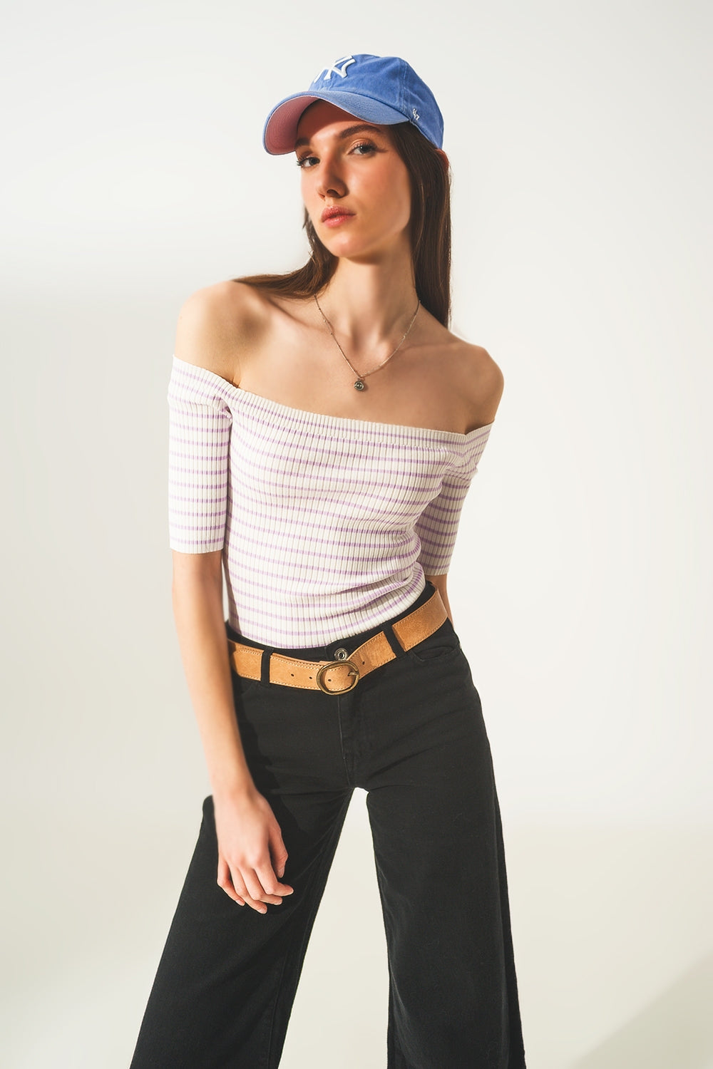 Q2 Stripe bardot top in lilac