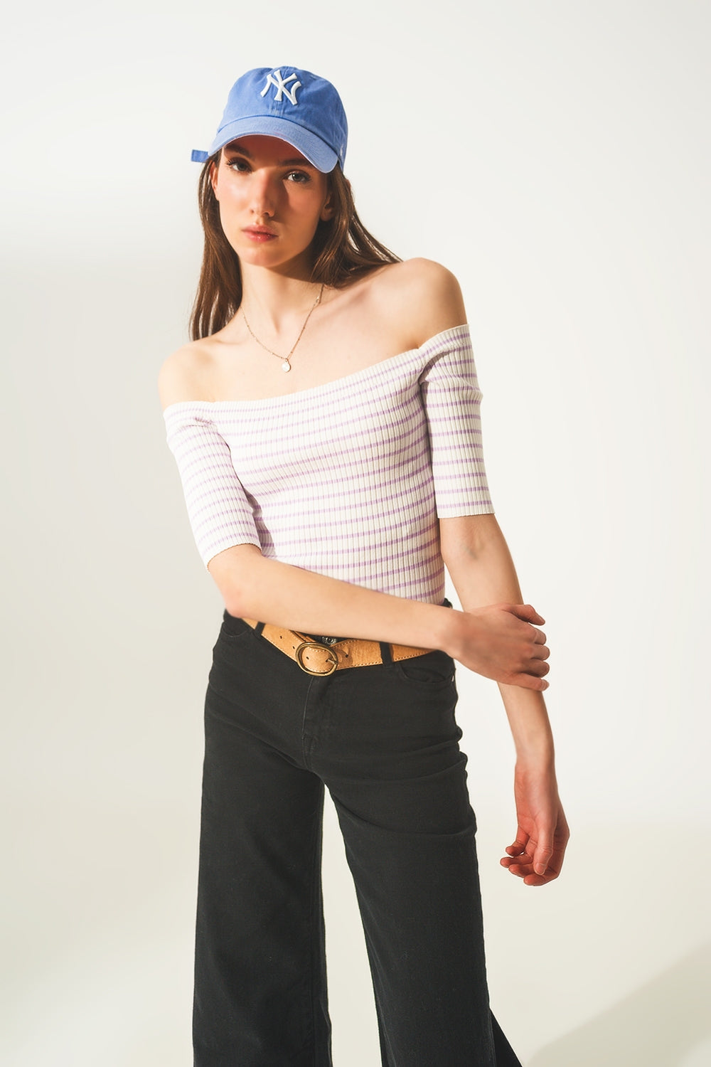 Stripe bardot top in lilac