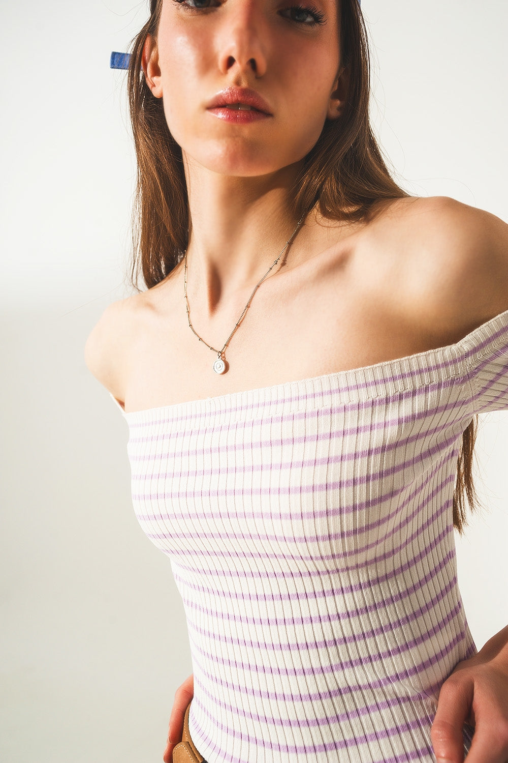 Stripe bardot top in lilac