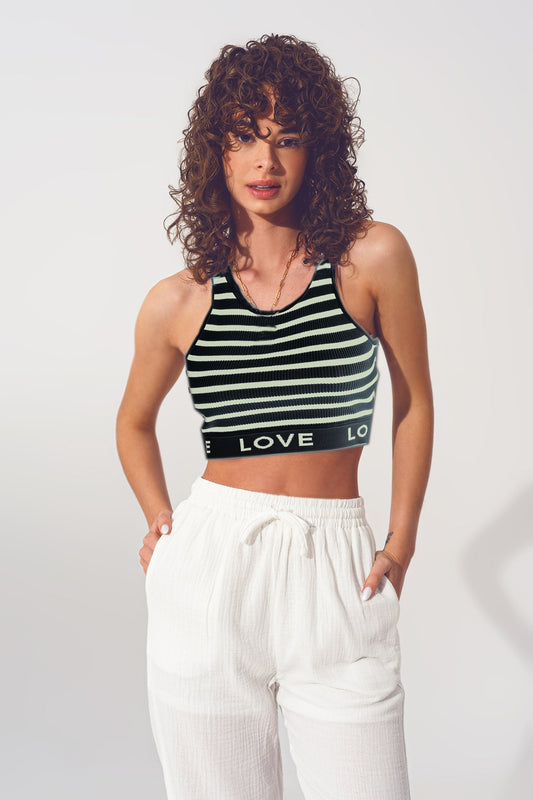 Q2 Striped Cropped Top with Love Text in black and beige