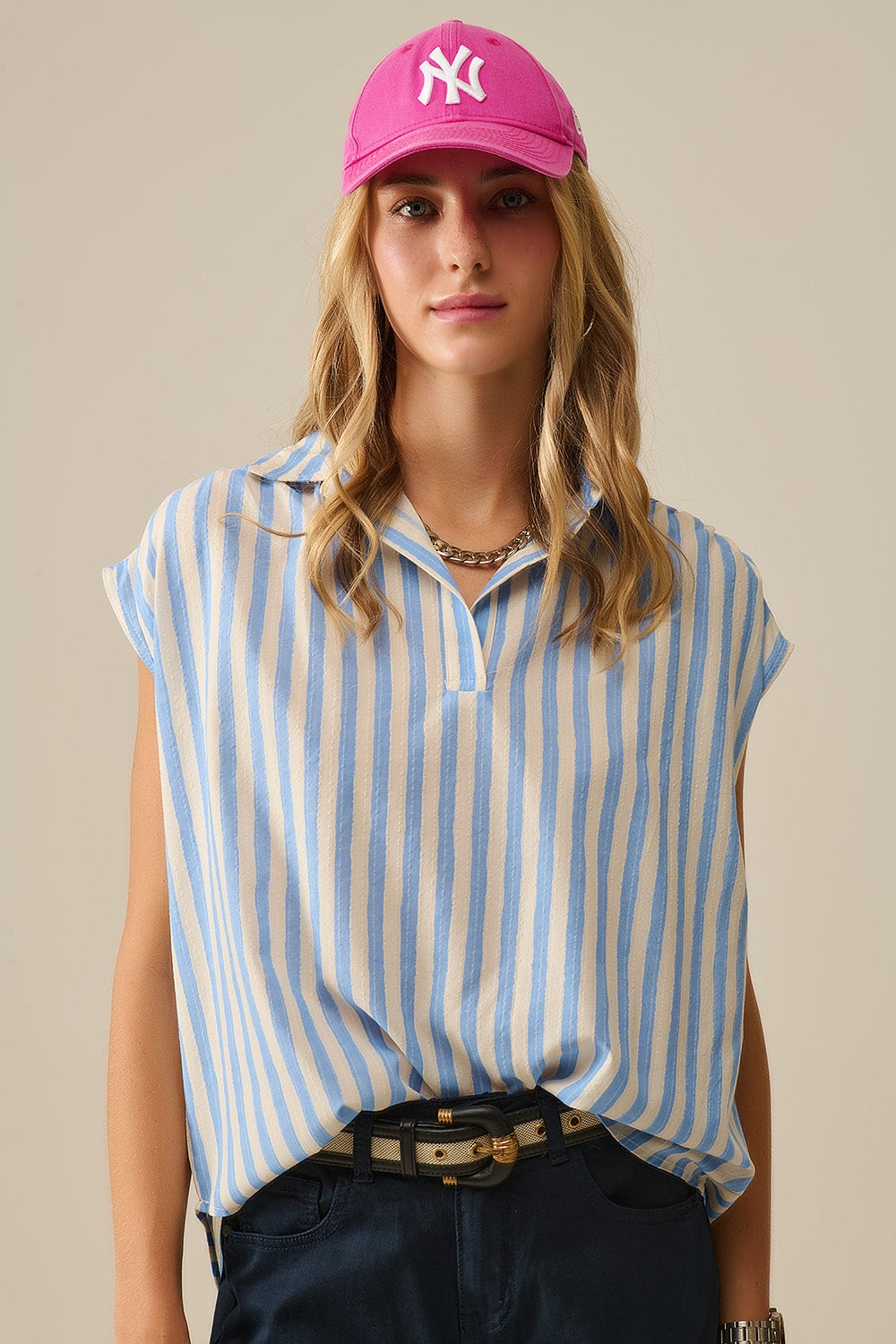 Q2 Striped dropped sleeves Blouse in Blue