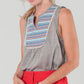 Q2 Striped gray top with multicolor front detail