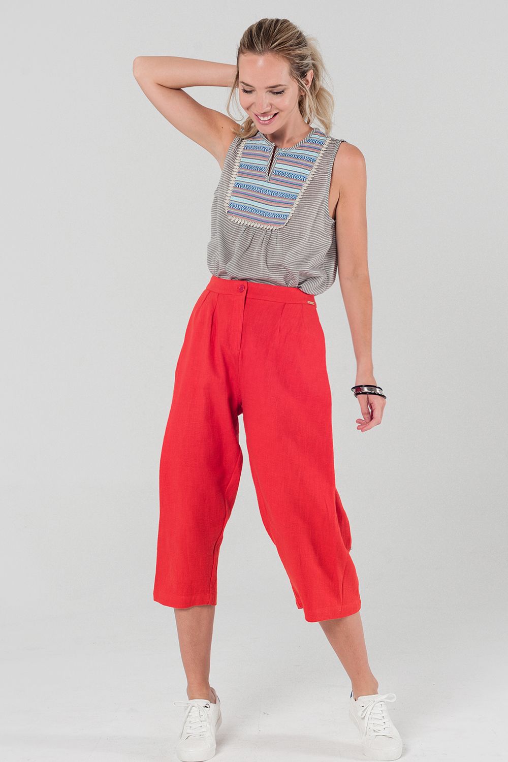 Striped gray top with multicolor front detail