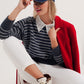 Q2 Striped knitted sweater with wrangler sleeves blue and white