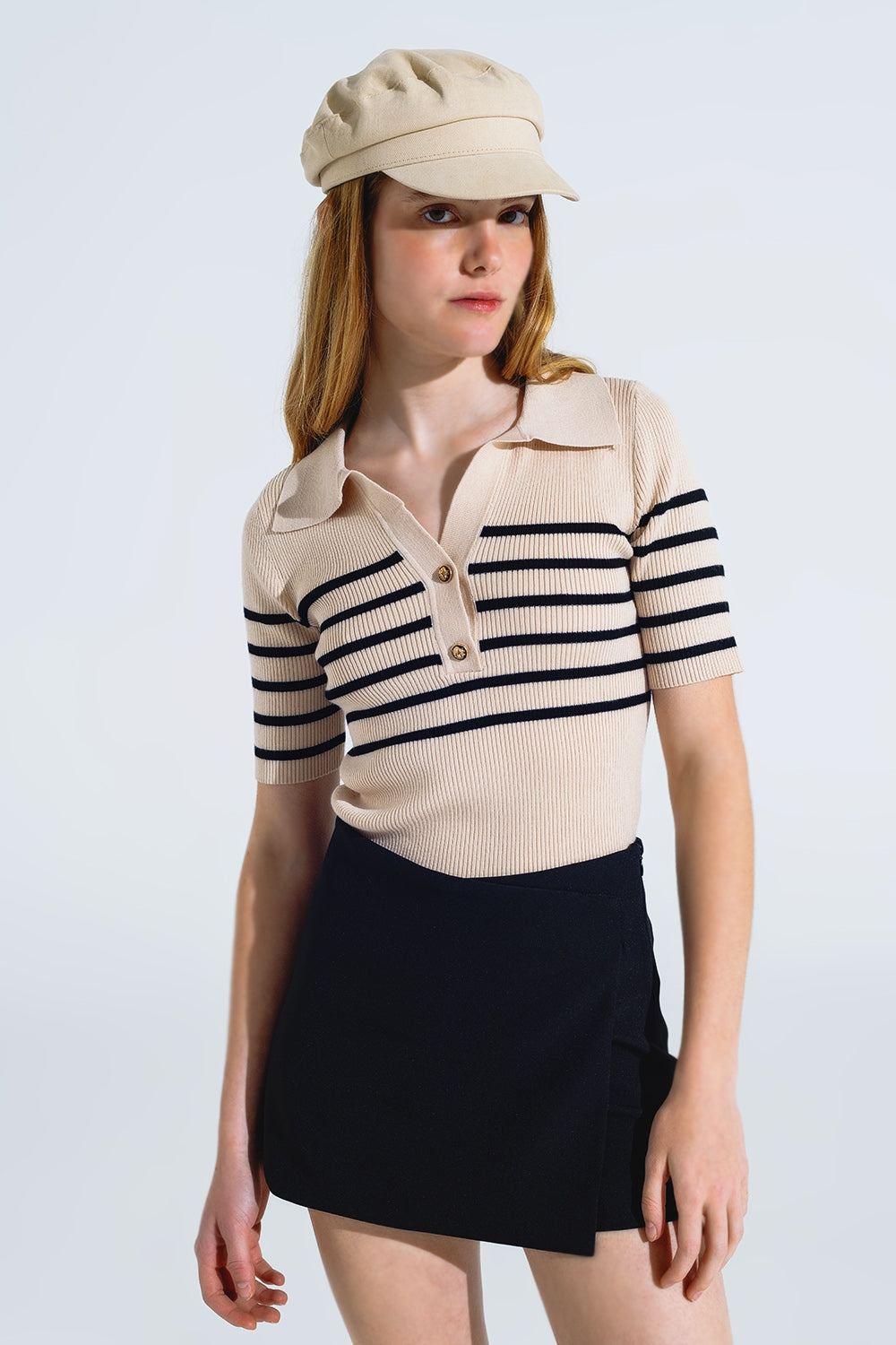 Striped polo with button detail in beige