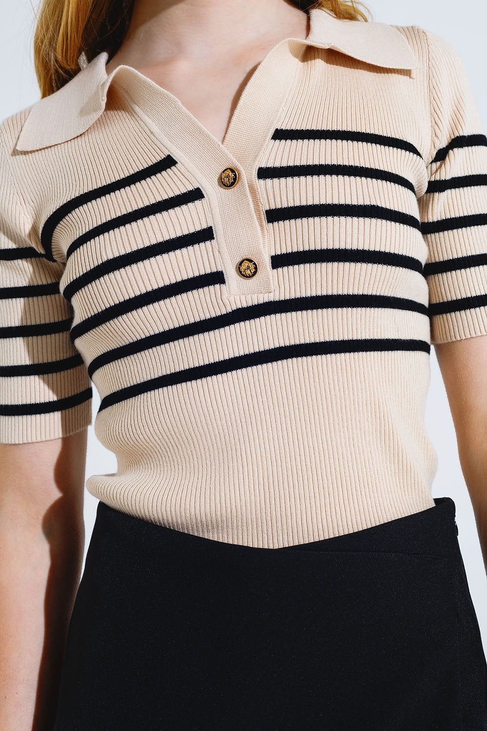 Striped polo with button detail in beige