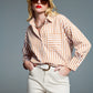 Q2 Striped Relaxed shirt With Contrasting Pocket in beige