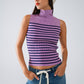 Q2 Striped Turtle Neck Tank Top In Lavander