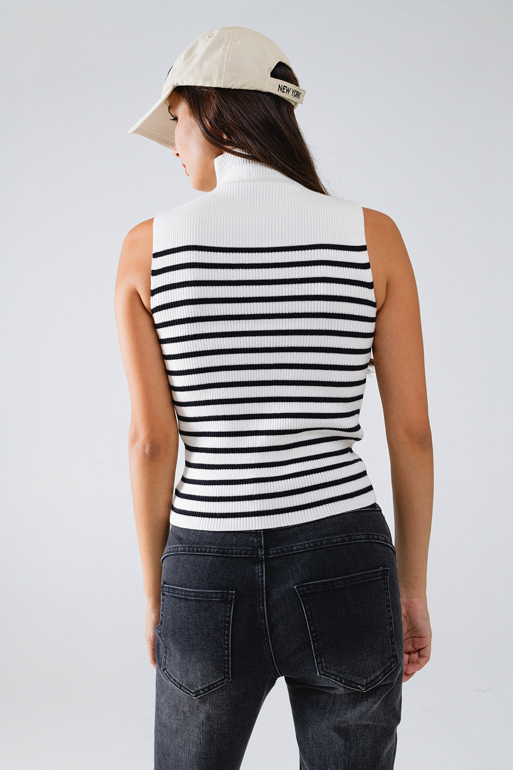 Striped Turtle Neck Tank Top In White