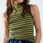 Q2 Striped Turtle sweater In Olive Green