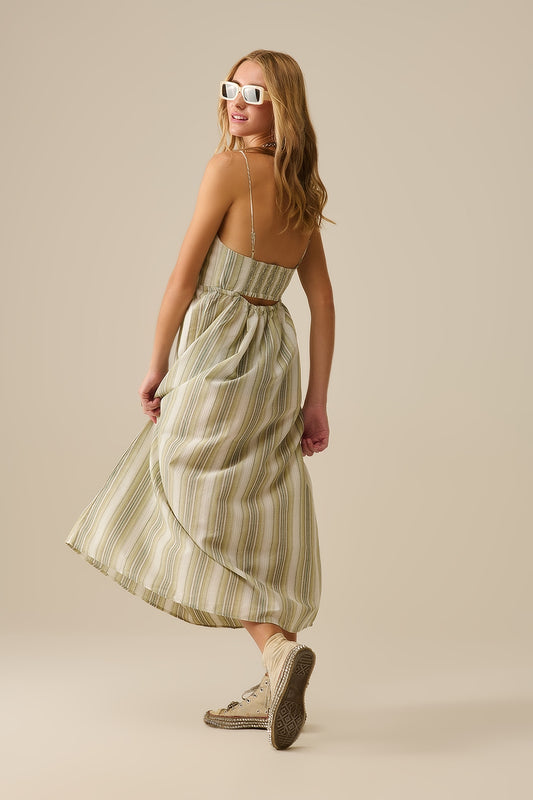 Striped V-Neck Strappy Dress in Green