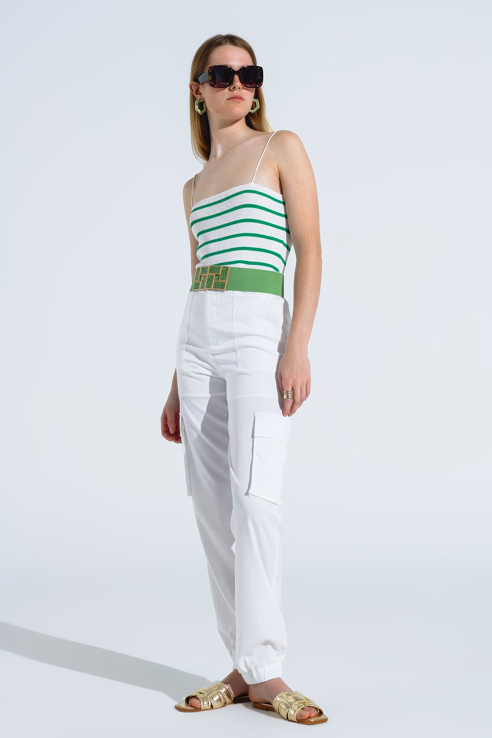 Striped White and Green Top With Square Neckline