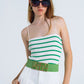 Q2 Striped White and Green Top With Square Neckline