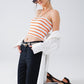 Q2 Striped White and Orange Top With Square Neckline