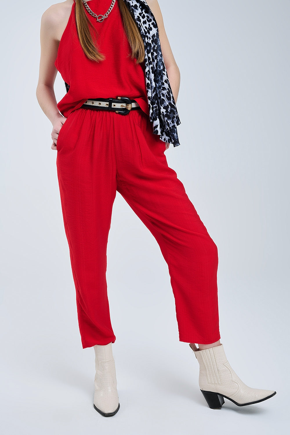 Summery Pants With Elastic Waist and Pockets In Red