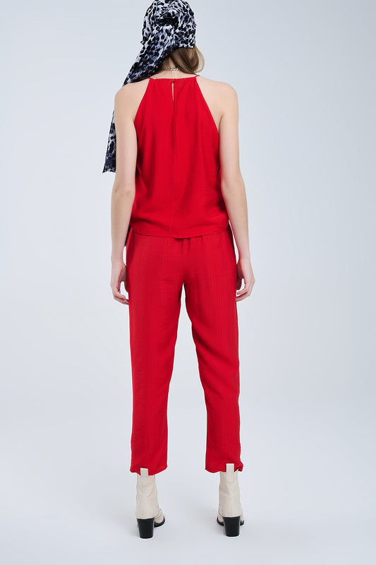 Summery Pants With Elastic Waist and Pockets In Red