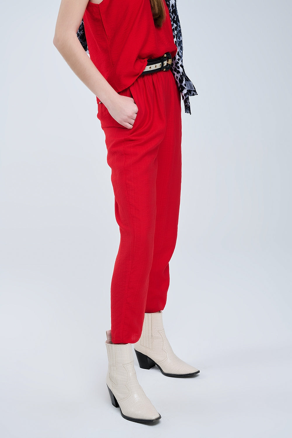 Summery Pants With Elastic Waist and Pockets In Red