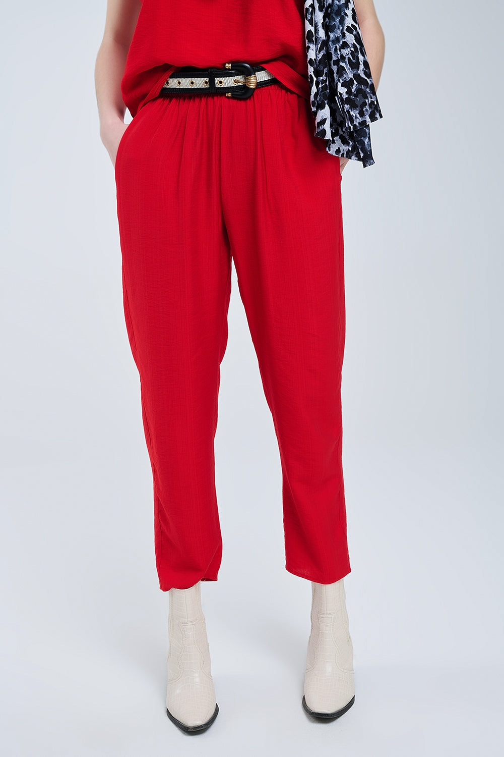 Summery Pants With Elastic Waist and Pockets In Red